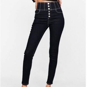 EXPRESS Dark Blue Wash Super High-Waisted Button Fly Denim Ankle Legging